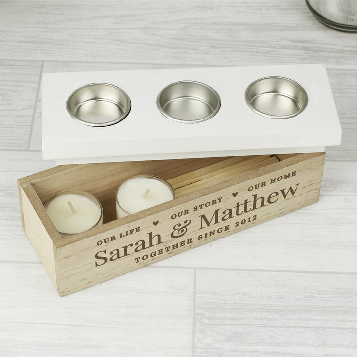 Buy Personalised Our Life Story & Home Triple Tea Light Box at www.giftsfinder.co.uk