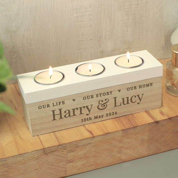 Personalised Our Life Story & Home Triple Tea Light Box