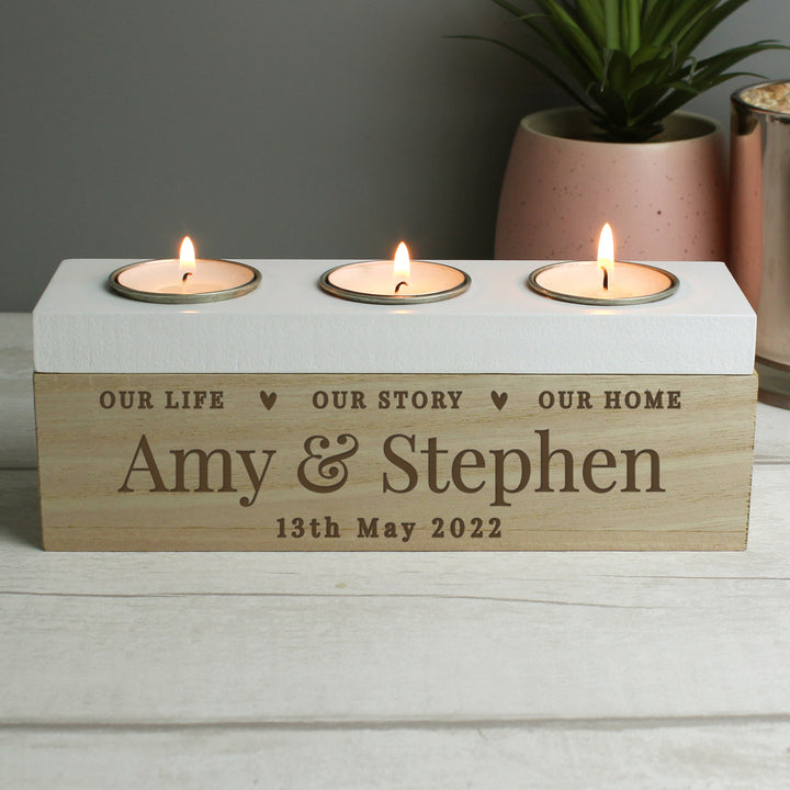 Buy Personalised Our Life Story & Home Triple Tea Light Box at www.giftsfinder.co.uk