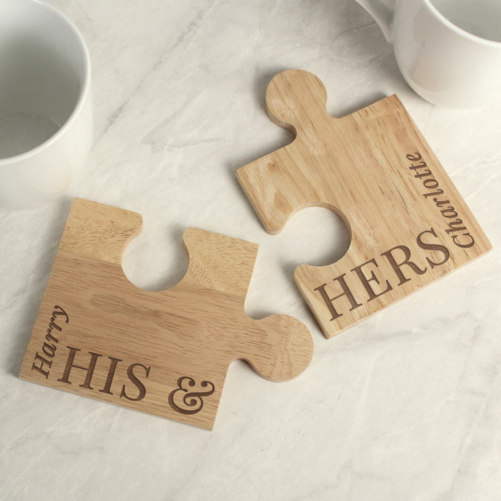 Buy Personalised His & Hers Jigsaw Piece Pair Of Drinks Coasters available now at www.giftsfinder.co.uk