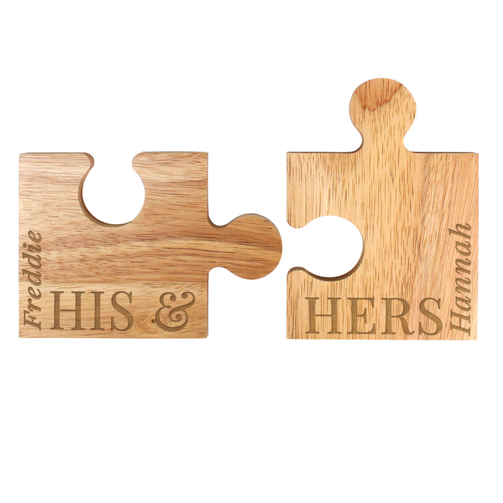 Buy Personalised His & Hers Jigsaw Piece Pair Of Drinks Coasters available now at www.giftsfinder.co.uk