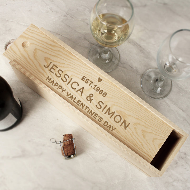 Buy Personalised Love Heart Wooden Wine Bottle Box available now at www.giftsfinder.co.uk