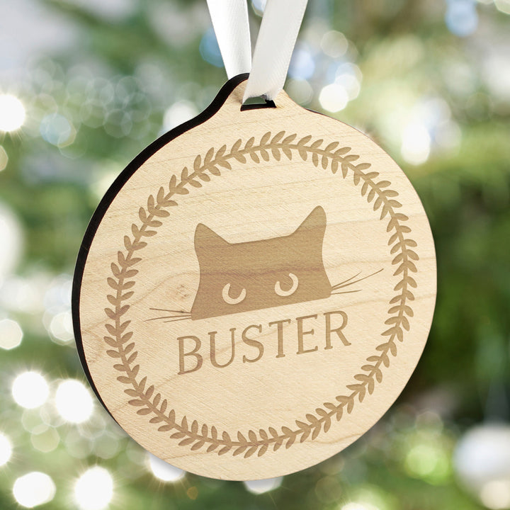 Buy Personalised Cat Round Wooden Bauble available now at www.giftsfinder.co.uk