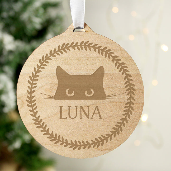 Buy Personalised Cat Round Wooden Bauble available now at www.giftsfinder.co.uk