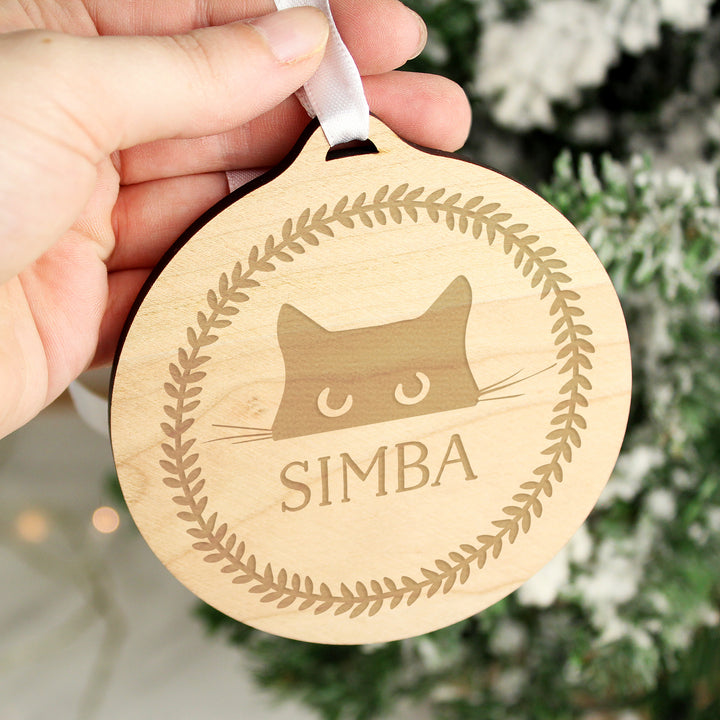 Buy Personalised Cat Round Wooden Bauble available now at www.giftsfinder.co.uk