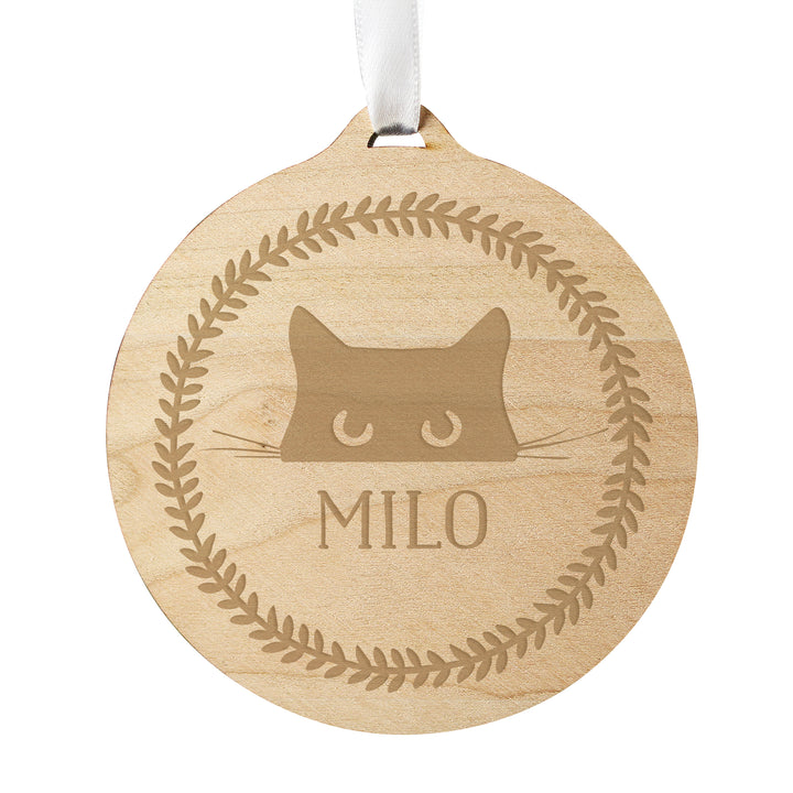 Buy Personalised Cat Round Wooden Bauble available now at www.giftsfinder.co.uk