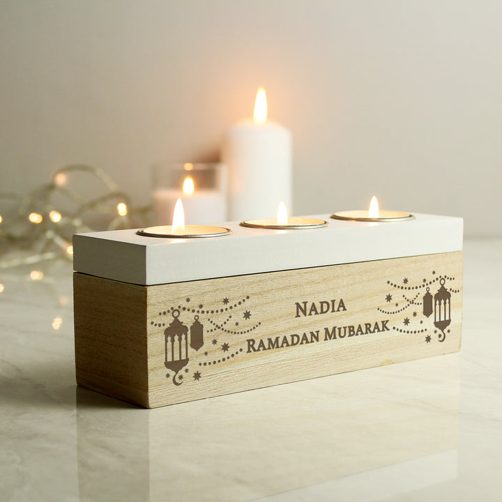 Buy Personalised Eid and Ramadan Triple Tea Light Box available now at www.giftsfinder.co.uk