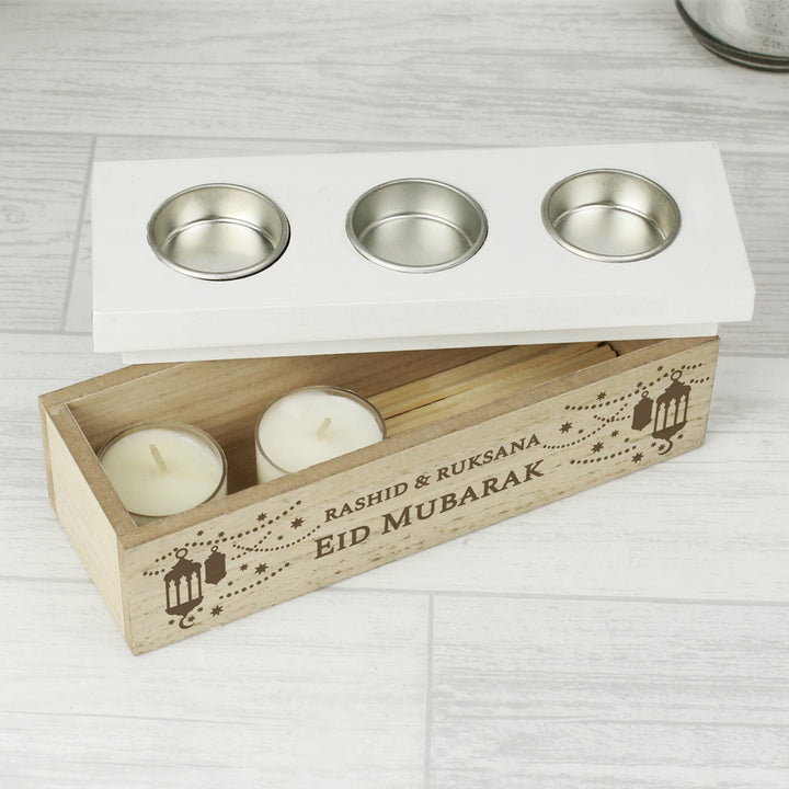 Buy Personalised Eid and Ramadan Triple Tea Light Box available now at www.giftsfinder.co.uk