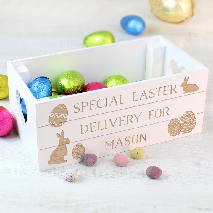 Buy Personalised Easter Bunny White Wooden Crate available now at www.giftsfinder.co.uk