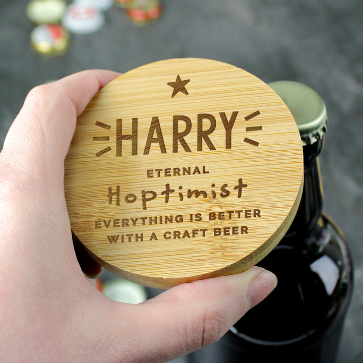 Personalised Star Bamboo Bottle Opener Coaster in gift category personalised-big-age-bamboo-bottle-opener-coaster