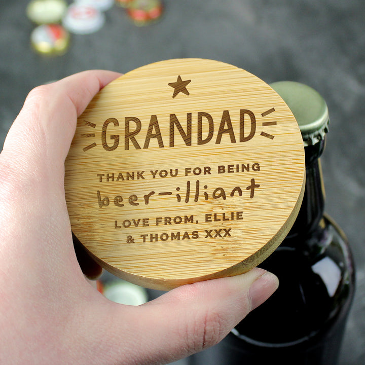 Personalised Star Bamboo Bottle Opener Coaster in gift category personalised-big-age-bamboo-bottle-opener-coaster