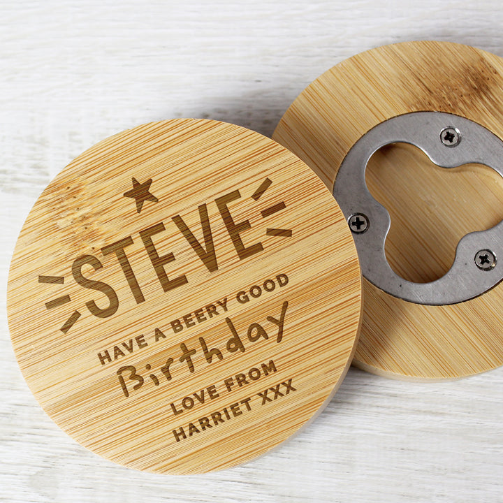 Personalised Star Bamboo Bottle Opener Coaster in gift category personalised-big-age-bamboo-bottle-opener-coaster