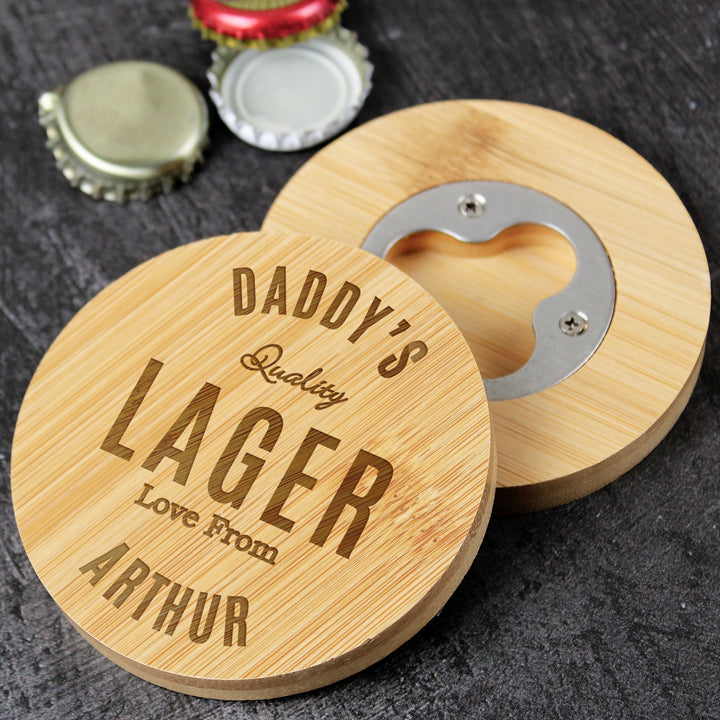 Buy Personalised Free Text Bamboo Bottle Opener Coaster available now at www.giftsfinder.co.uk