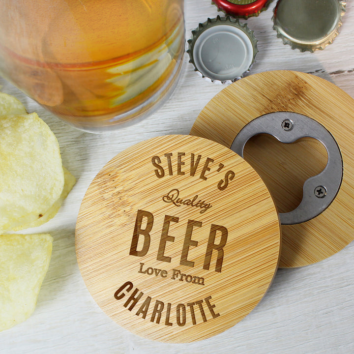 Buy Personalised Free Text Bamboo Bottle Opener Coaster available now at www.giftsfinder.co.uk