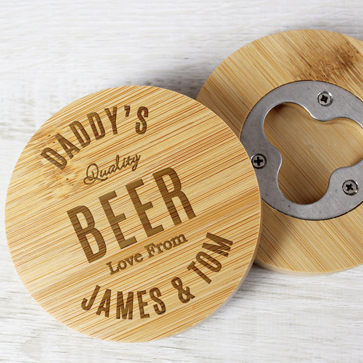 Buy Personalised Free Text Bamboo Bottle Opener Coaster available now at www.giftsfinder.co.uk