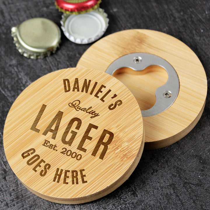 Buy Personalised Free Text Bamboo Bottle Opener Coaster available now at www.giftsfinder.co.uk