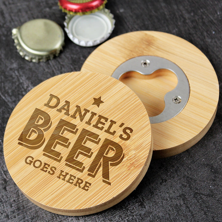 Buy Personalised Beer Goes Here Bamboo Bottle Opener Coaster available now at www.giftsfinder.co.uk