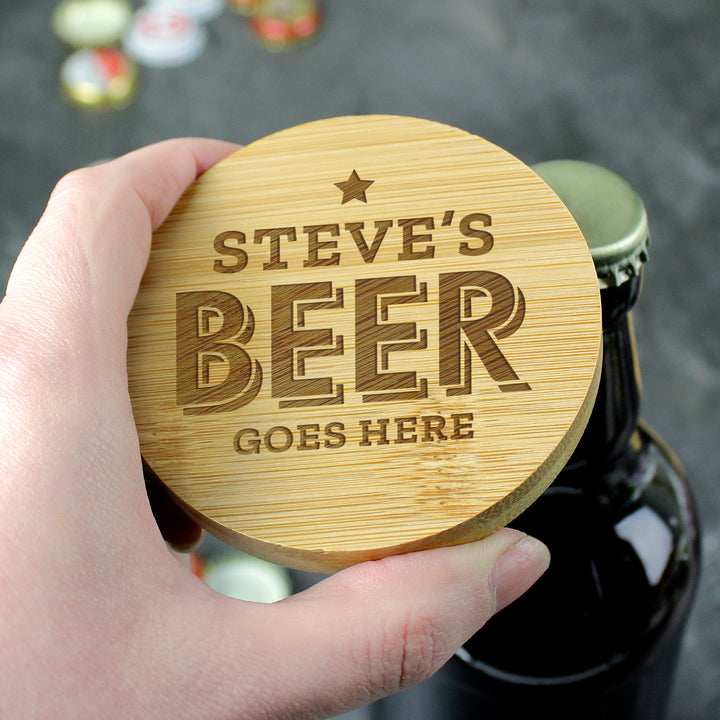 Buy Personalised Beer Goes Here Bamboo Bottle Opener Coaster available now at www.giftsfinder.co.uk