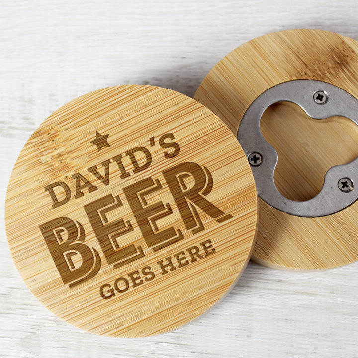 Buy Personalised Beer Goes Here Bamboo Bottle Opener Coaster available now at www.giftsfinder.co.uk