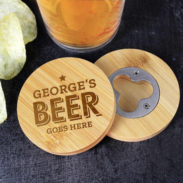 Buy Personalised Beer Goes Here Bamboo Bottle Opener Coaster available now at www.giftsfinder.co.uk