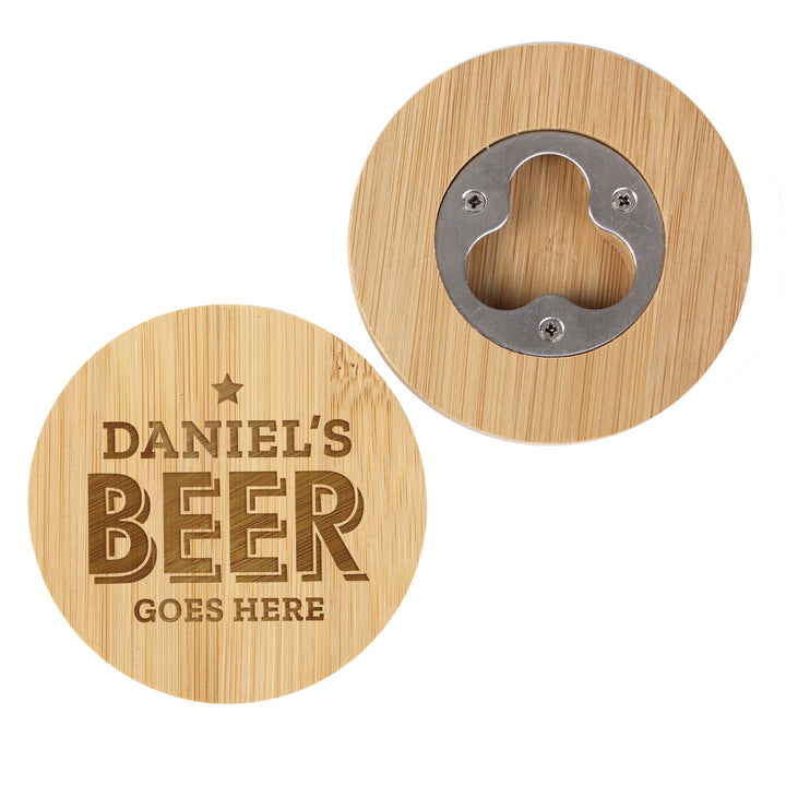 Buy Personalised Beer Goes Here Bamboo Bottle Opener Coaster available now at www.giftsfinder.co.uk