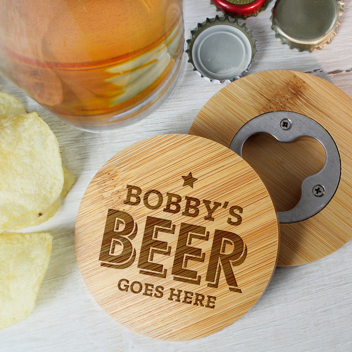 Buy Personalised Beer Goes Here Bamboo Bottle Opener Coaster available now at www.giftsfinder.co.uk