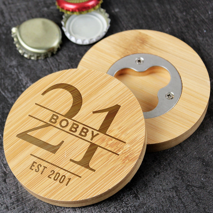 Buy Personalised Big Age Bamboo Bottle Opener Coaster available now at www.giftsfinder.co.uk