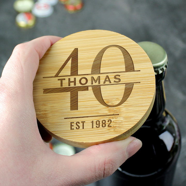 Buy Personalised Big Age Bamboo Bottle Opener Coaster available now at www.giftsfinder.co.uk