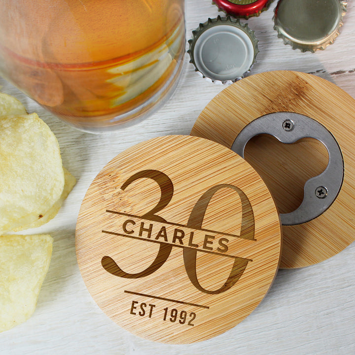 Buy Personalised Big Age Bamboo Bottle Opener Coaster available now at www.giftsfinder.co.uk