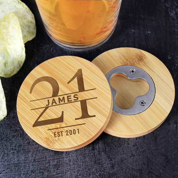 Buy Personalised Big Age Bamboo Bottle Opener Coaster available now at www.giftsfinder.co.uk