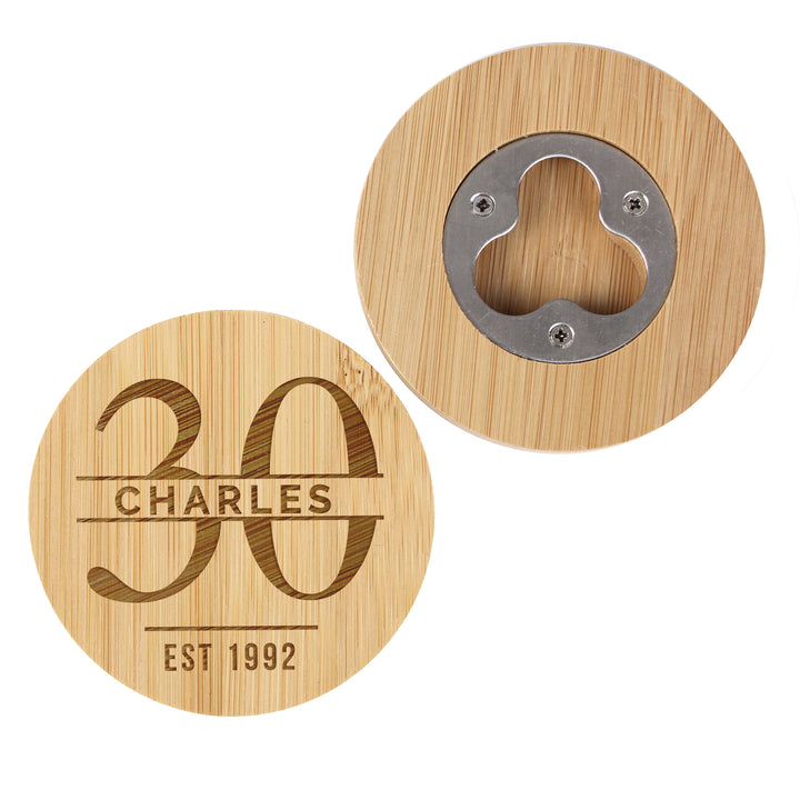 Buy Personalised Big Age Bamboo Bottle Opener Coaster available now at www.giftsfinder.co.uk