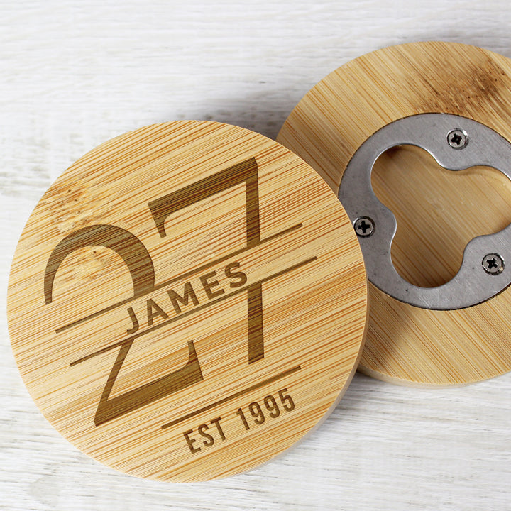 Buy Personalised Big Age Bamboo Bottle Opener Coaster available now at www.giftsfinder.co.uk