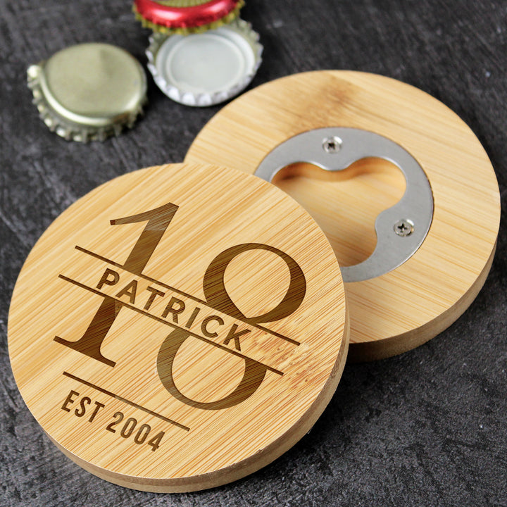 Buy Personalised Big Age Bamboo Bottle Opener Coaster available now at www.giftsfinder.co.uk