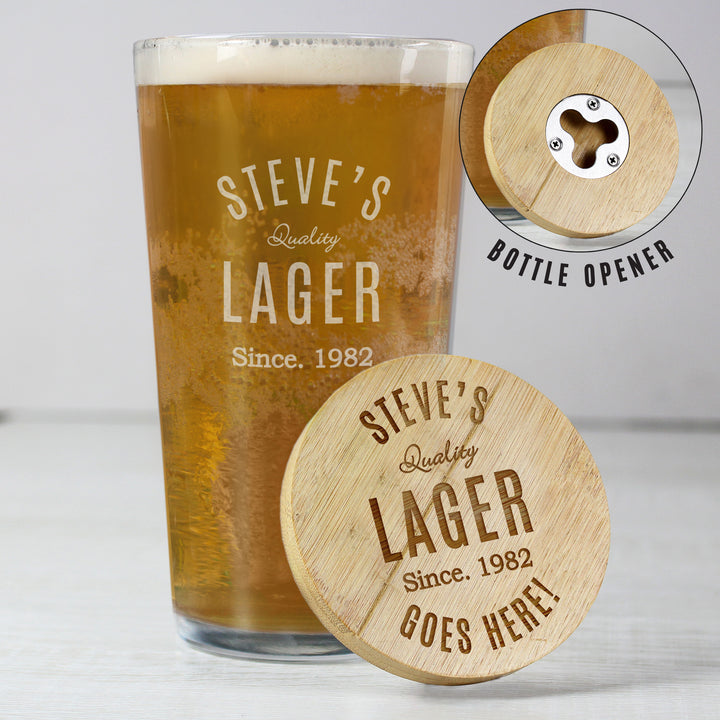 Personalised Free Text Bamboo Bottle Opener Coaster And Pint Glass