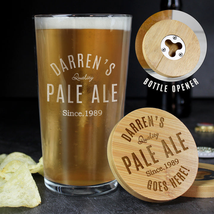 Buy Personalised Free Text Bamboo Bottle Opener Coaster and Pint Glass available now at www.giftsfinder.co.uk