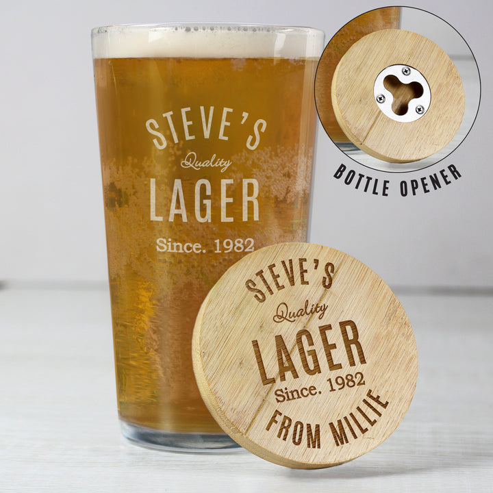 Buy Personalised Free Text Bamboo Bottle Opener Coaster and Pint Glass available now at www.giftsfinder.co.uk