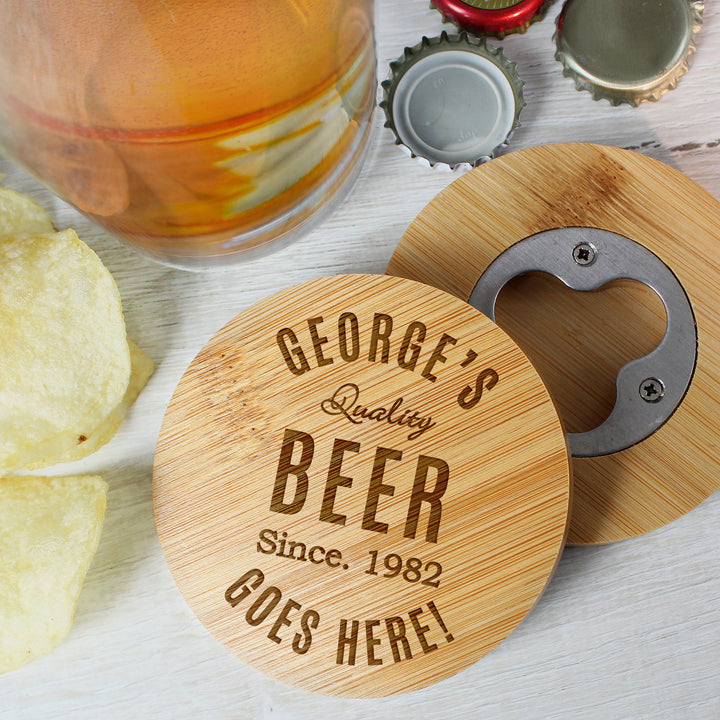 Buy Personalised Free Text Bamboo Bottle Opener Coaster and Pint Glass available now at www.giftsfinder.co.uk