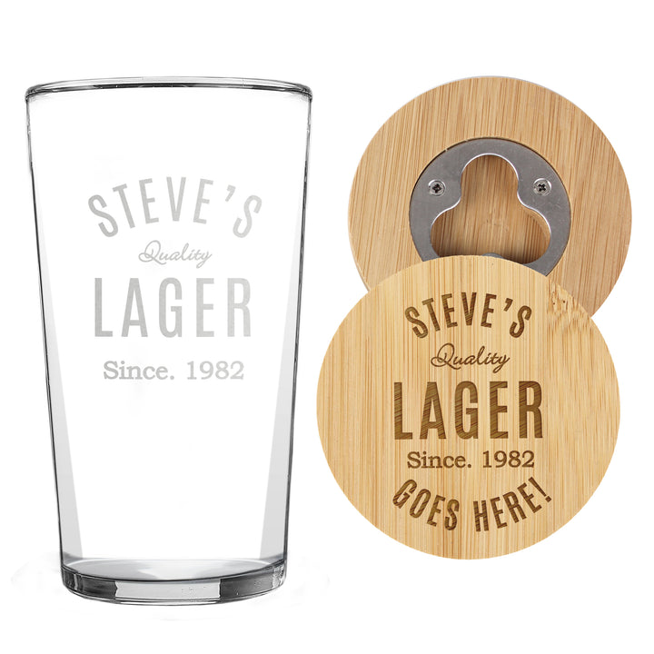 Personalised Free Text Bamboo Bottle Opener Coaster And Pint Glass