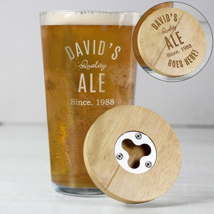 Buy Personalised Free Text Bamboo Bottle Opener Coaster and Pint Glass available now at www.giftsfinder.co.uk