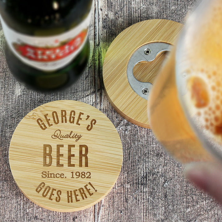 Buy Personalised Free Text Bamboo Bottle Opener Coaster and Pint Glass available now at www.giftsfinder.co.uk