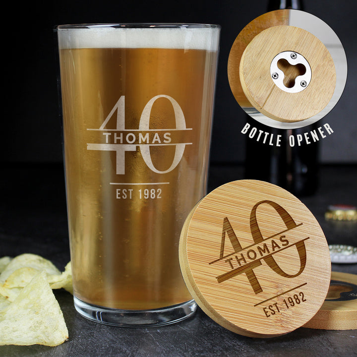 Buy Personalised Big Age Bamboo Bottle Opener Coaster and Pint Glass Set available now at www.giftsfinder.co.uk