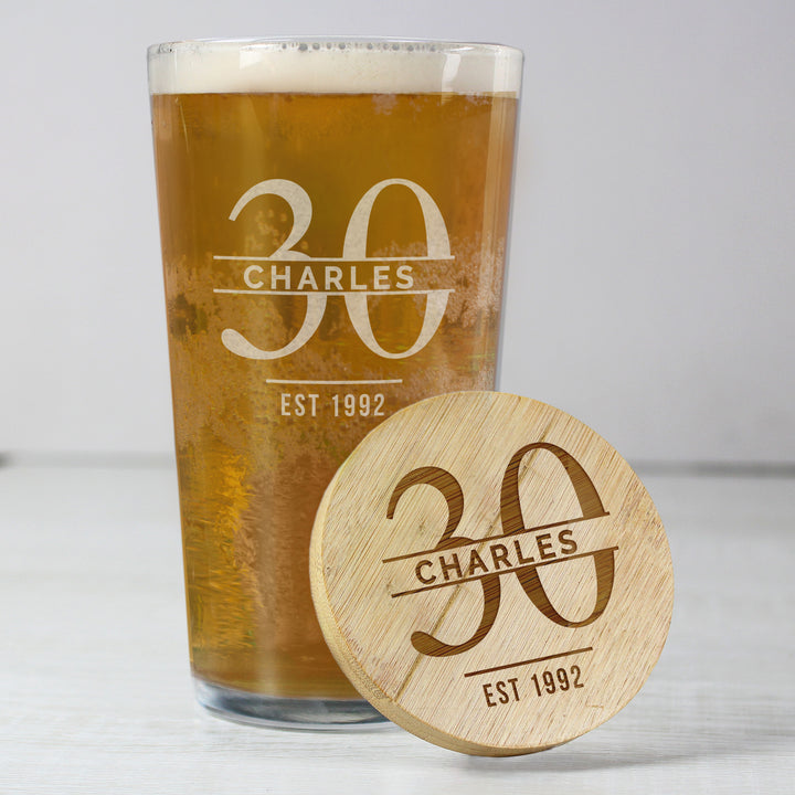 Buy Personalised Big Age Bamboo Bottle Opener Coaster and Pint Glass Set available now at www.giftsfinder.co.uk