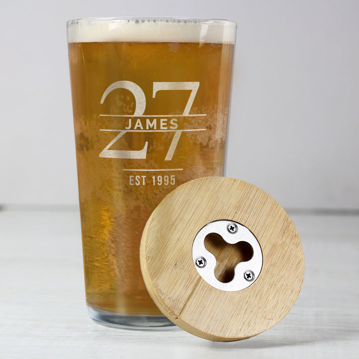 Buy Personalised Big Age Bamboo Bottle Opener Coaster and Pint Glass Set available now at www.giftsfinder.co.uk