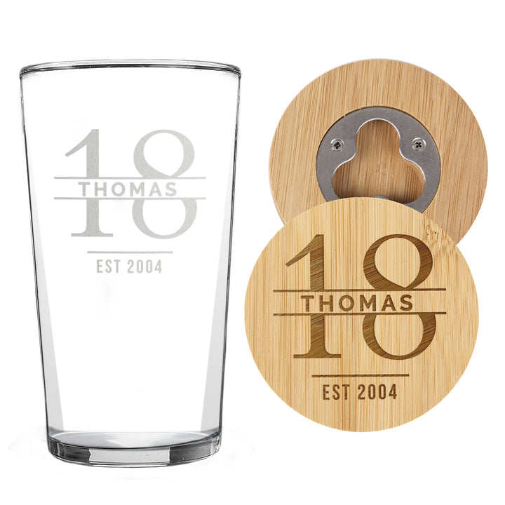 Buy Personalised Big Age Bamboo Bottle Opener Coaster and Pint Glass Set available now at www.giftsfinder.co.uk