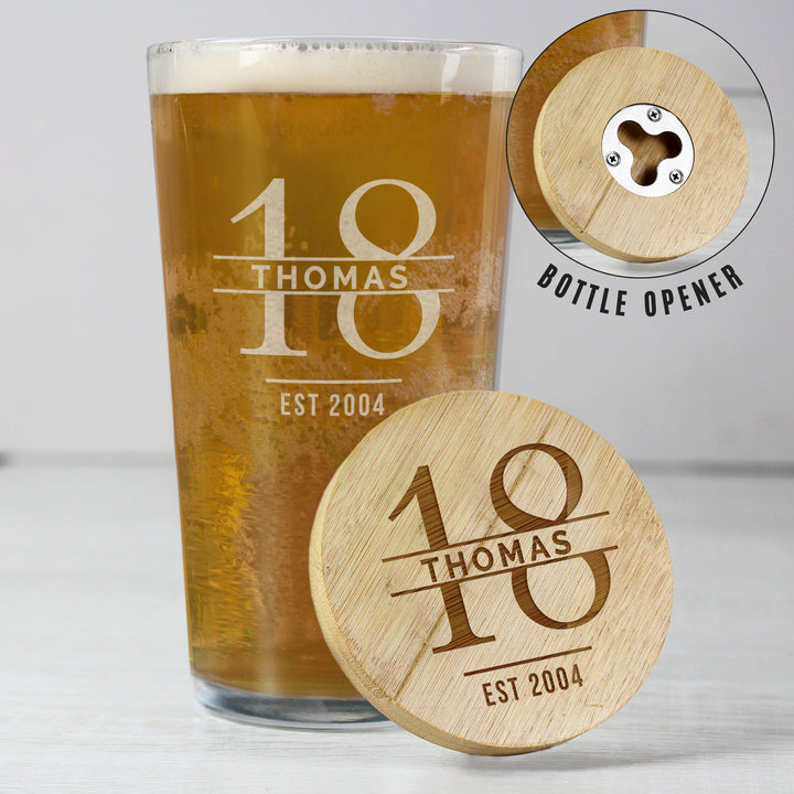 Buy Personalised Big Age Bamboo Bottle Opener Coaster and Pint Glass Set available now at www.giftsfinder.co.uk