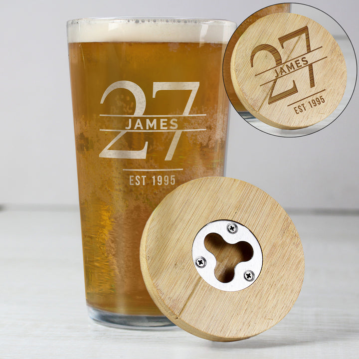 Buy Personalised Big Age Bamboo Bottle Opener Coaster and Pint Glass Set available now at www.giftsfinder.co.uk