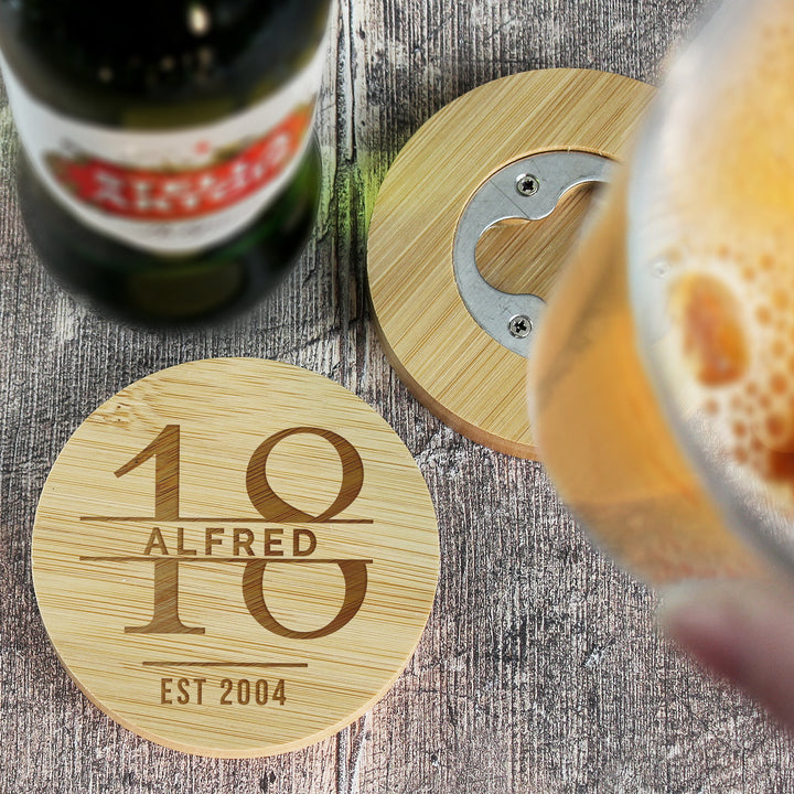 Buy Personalised Big Age Bamboo Bottle Opener Coaster and Pint Glass Set available now at www.giftsfinder.co.uk