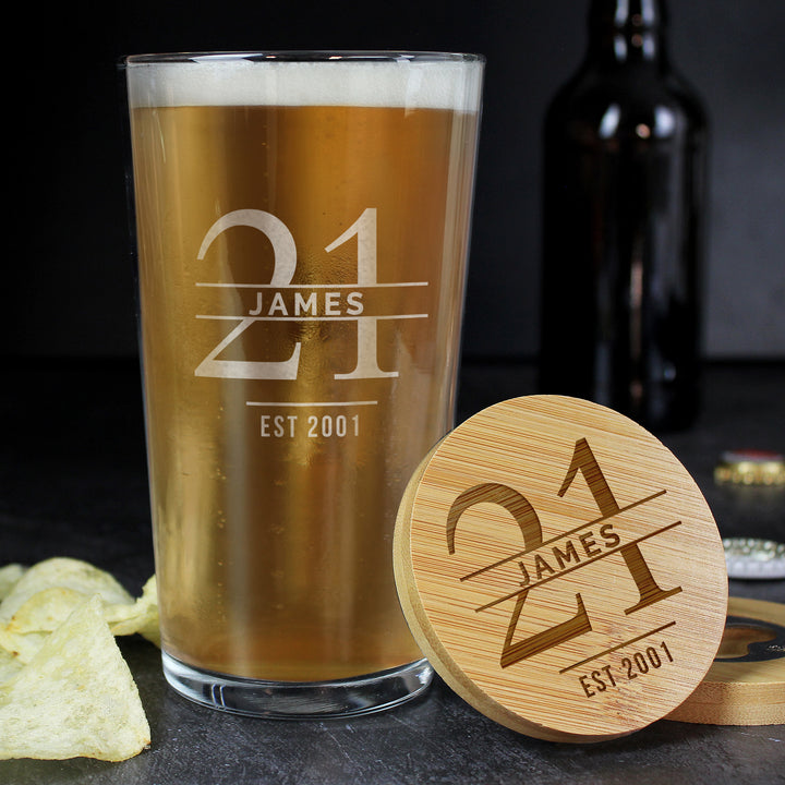 Buy Personalised Big Age Bamboo Bottle Opener Coaster and Pint Glass Set available now at www.giftsfinder.co.uk