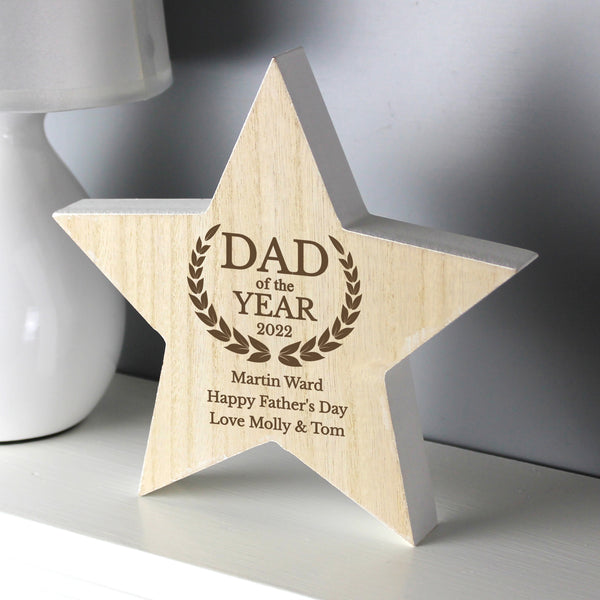 Buy Personalised Dad of the Year Rustic Wooden Star Decoration available now at www.giftsfinder.co.uk