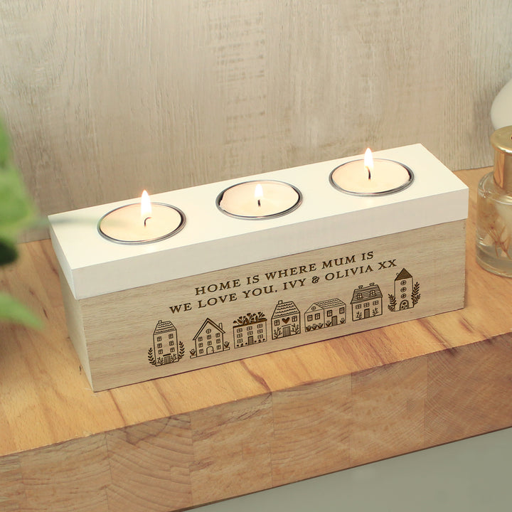 Buy Personalised HOME Triple Tea Light Box available now at www.giftsfinder.co.uk